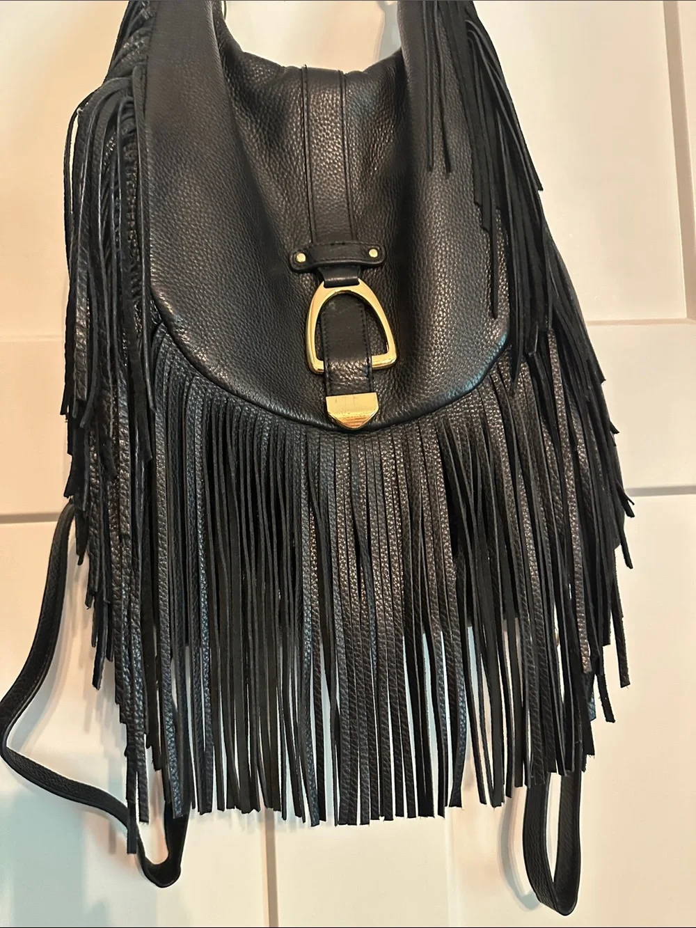 G.I.L.I pebbled black Fringe Leather Hobo backpack shoulder gold cinch purse